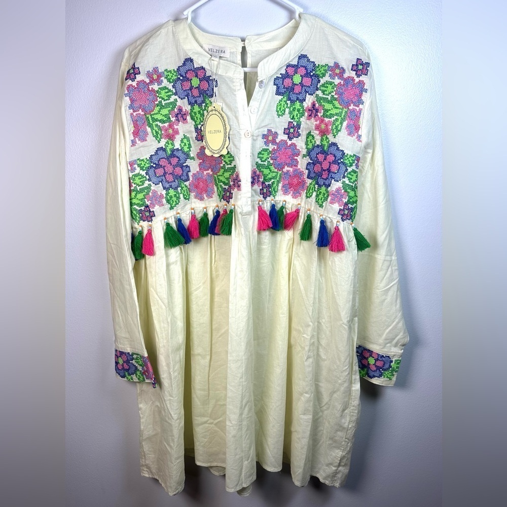 Velzera Cream Resort Dress Tunic with Bishop Sleeves Embroidered Tassels 2X Boho